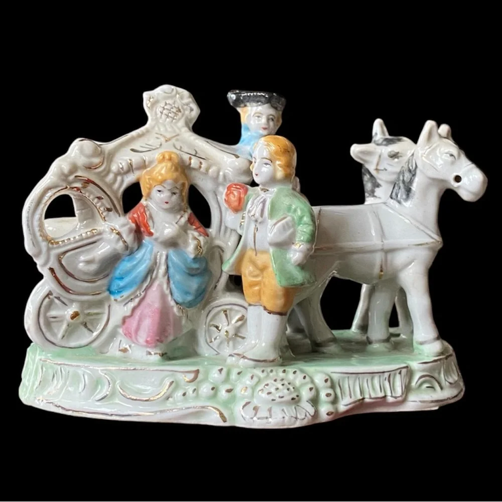Vintage Courting Couple Horse Carriage Antique Porcelain Figurine Made in Japan